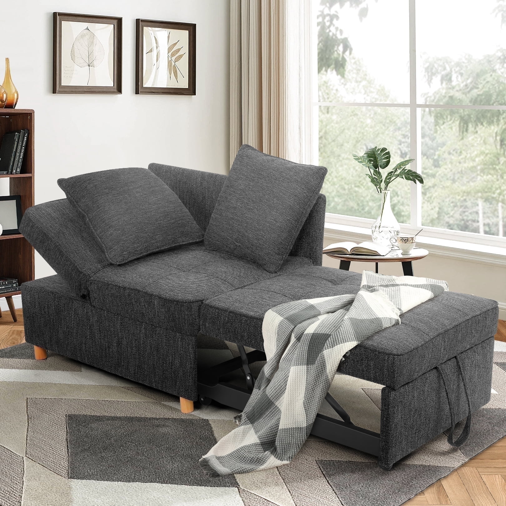 SEJOV 4-in-1 Convertible Chair Bed, Linen Sleeper Chair for Small Space, Futon Sofa Bed with 2 Throw Pillows for Living Room, Single Recliner with 5 Adjustable Backrest for Bedroom Apartment, Black