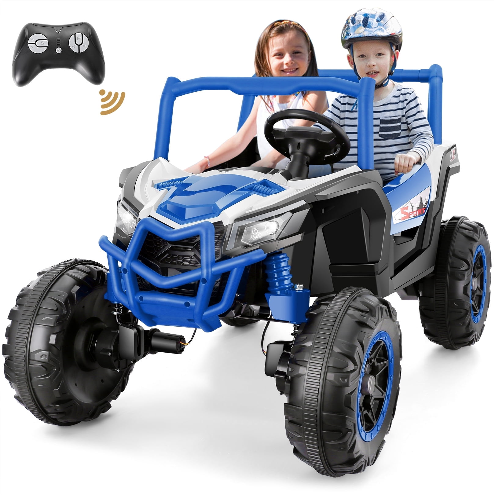 Farmdex 4WD 24V Ride on Toys 2 XL Seater Kids Ride on Cars w/ Remote Control, 4*200W Motor, Electric Off-Road UTV 7AH Battery Powered 4-Wheeler Vehicle w/ Bluetooth, Music, 3-Speed, LED Light, Blue