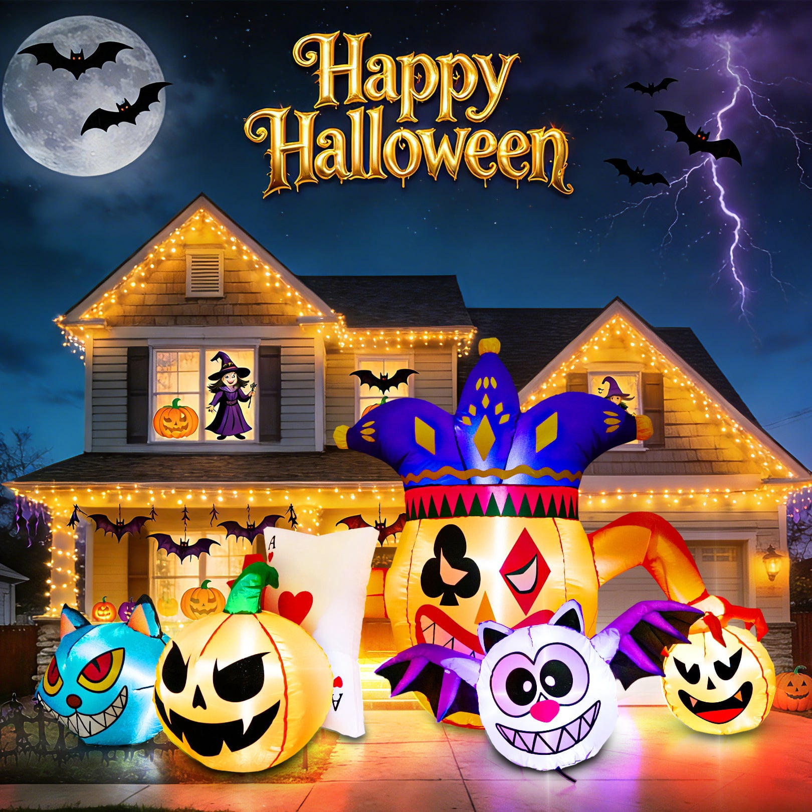 Funcid 5.3FT Halloween Inflatables Outdoor Decorations - 5 Character Blow Up Yard Decor with Color-Changing Cat & Cross-Lighting