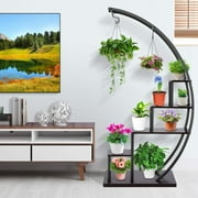 Funcid 5 Tier Plant Stand for Indoor Plants, Half Moon Shape Plant Shelf with Hanging Hook, Multiple Planter Display for Home Decor, Living Room, Balcony, and Bedroom