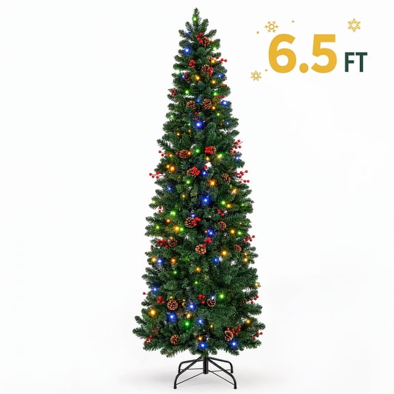 Funcid 6.5ft Pre-Lit Pencil Christmas Tree, Skinny Spruce Slim Holiday Decoration w/ 50 Pine Cones, 50 Red Berries, 702 Tips, 250 Lights, Metal Hinges & Base