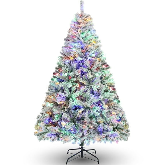 Funcid 6ft Pre-lit Flockd Artificial Christmas Tree, Hinged Artificial Snow Decorated Xmas Tree, w/ 8 Adjustable Colorful Light Flash Rate Modes