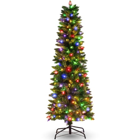 Funcid 6ft Pre-Lit Artificial Hinged Slim Pencil Christmas Tree with 250 Multi-Color Lights, 972 Branch Tips, Metal Hinges & Foldable Base, Green price history and forecast - Funcid