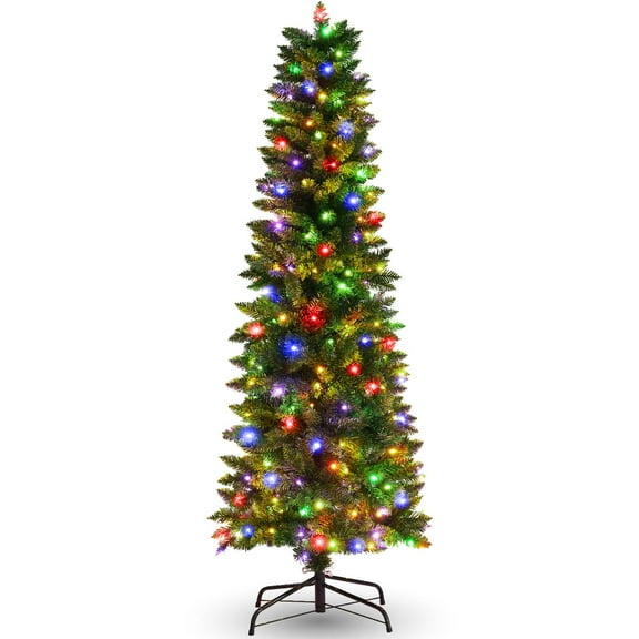 Funcid 6ft Pre-Lit Artificial Hinged Slim Pencil Christmas Tree with 250 Multi-Color Lights, 972 Branch Tips, Metal Hinges & Foldable Base, Green