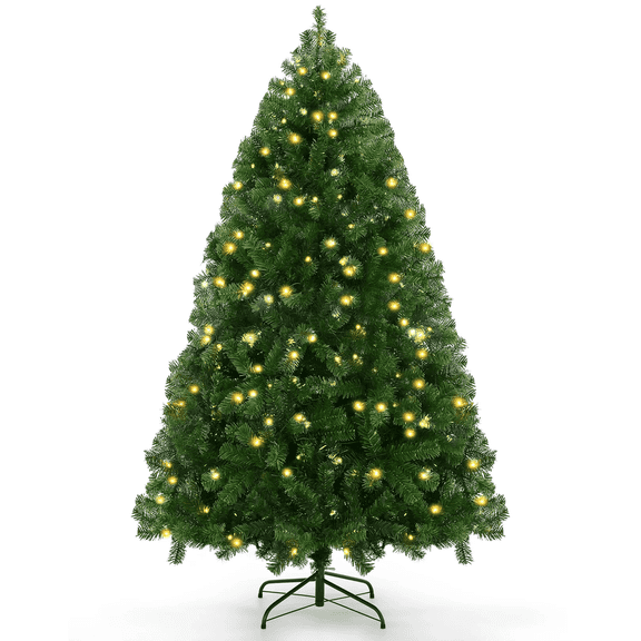 Funcid 6ft Pre-Lit Green Artificial Christmas Tree with 250 Warm LED Lights and 1477 Branch Tips, Hinged Full Christmas Tree w/ Foldable Metal Stand, 8 Light Sequences for Home Holiday Decoration