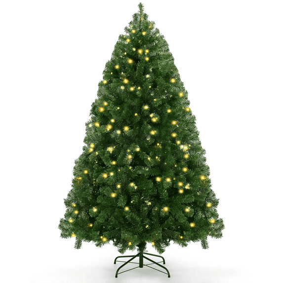 Funcid 6ft Pre-Lit Green Artificial Christmas Tree with 250 Warm LED Lights and 1477 Branch Tips, Hinged Full Christmas Tree w/ Foldable Metal Stand, 8 Light Sequences for Home Holiday Decoration