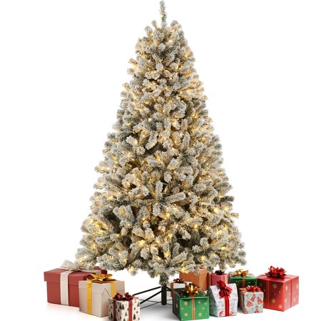 Funcid 6ft Pre-lit Flocked Christmas Tree 8 Adjustable Light Flash Rate Modes, Artificial Christmas Tree with Lights, 8 Adjustable Flash Rate Modes, 640 PVC Branch Tips, Foldable Metal Stand