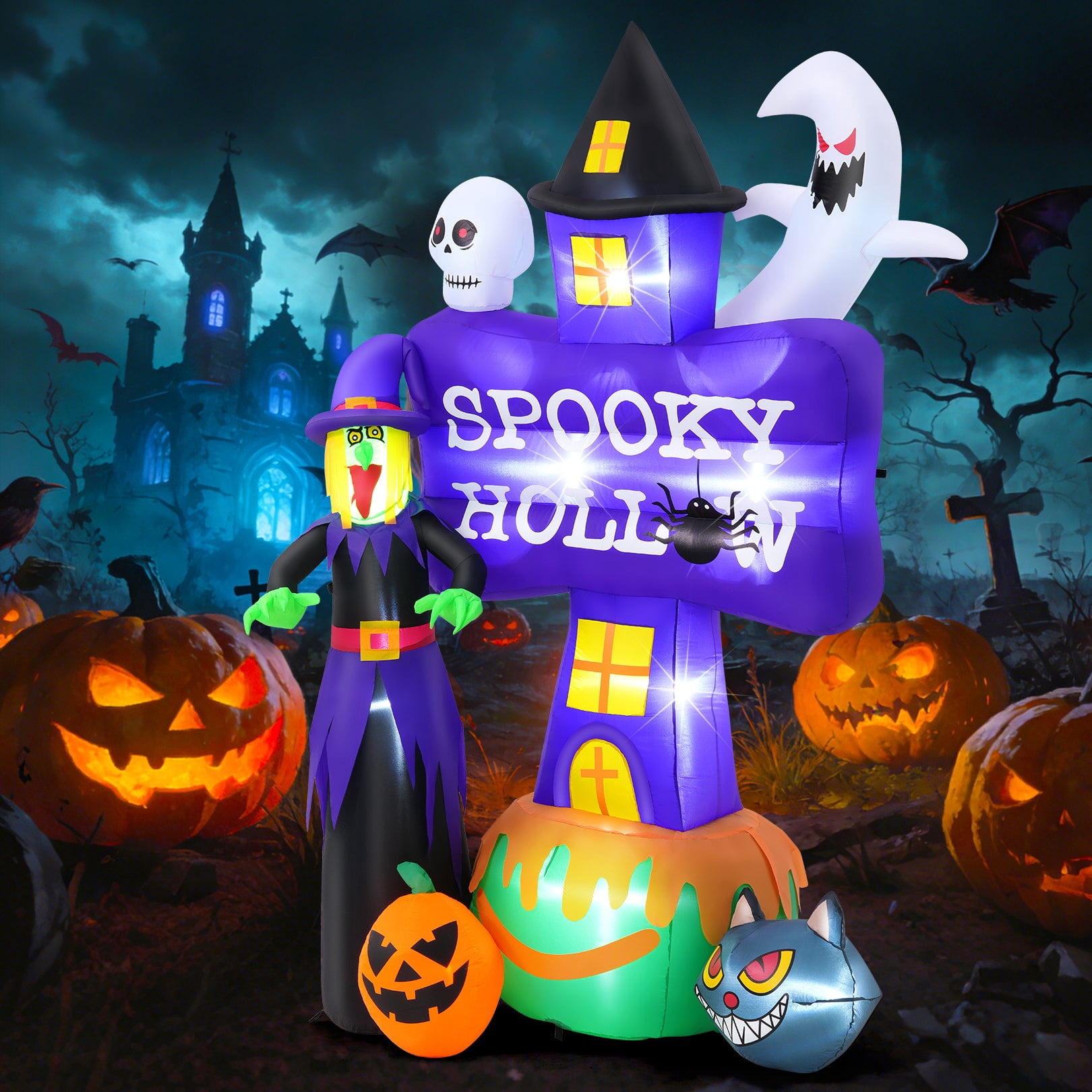 Funcid 8FT Halloween Inflatable Witch Decoration with LED Lights - Outdoor Blow Up Halloween Decor with Ghost & Tombstones for Yard