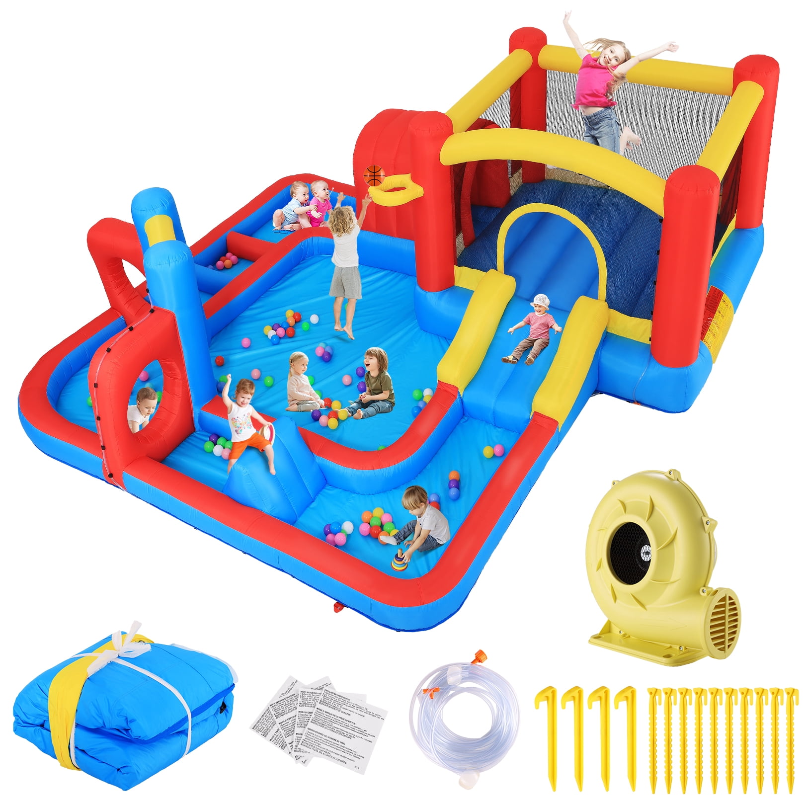 Funcid Bounce House 14.3x14.3FT, 10-in-1 Inflatable Obstacle Course, Jump Area, Ball Pit, Tunnel, Wet & Dry Use, With 520W Blower