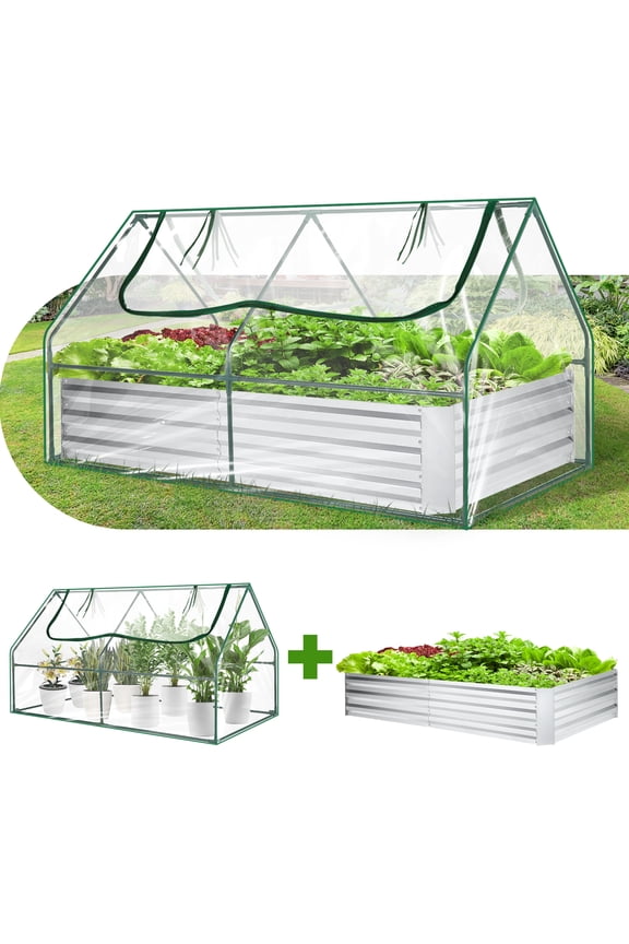 Galvanized Raised Garden Bed with Cover, Outdoor Metal Planter Box 2 Roll-Up Windows Mini Greenhouse for Growing Flowers Fruits Vegetables and Herbs, 6x3x3ft(Clear)