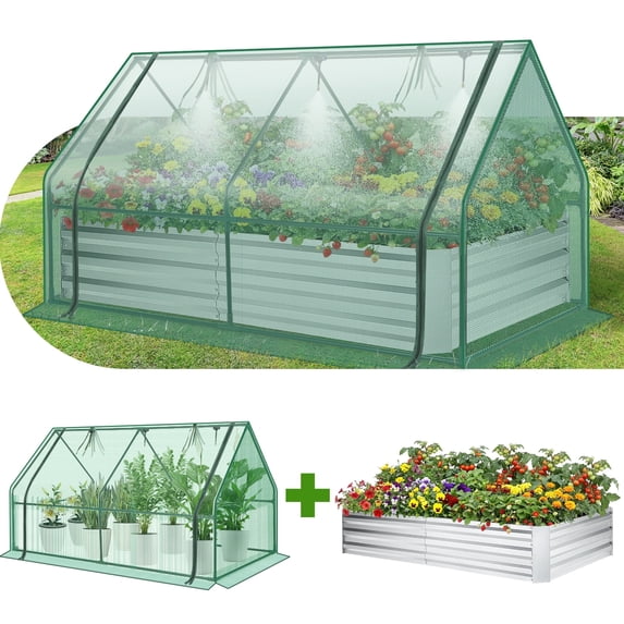 Funcid Galvanized Raised Garden Bed with Self Watering System and Mesh Cover, Outdoor Metal Planter Box 2 Roll-Up Doors Mini Greenhouse for Growing Flowers Fruits Vegetables and Herbs, 6x3x3ft(Green)