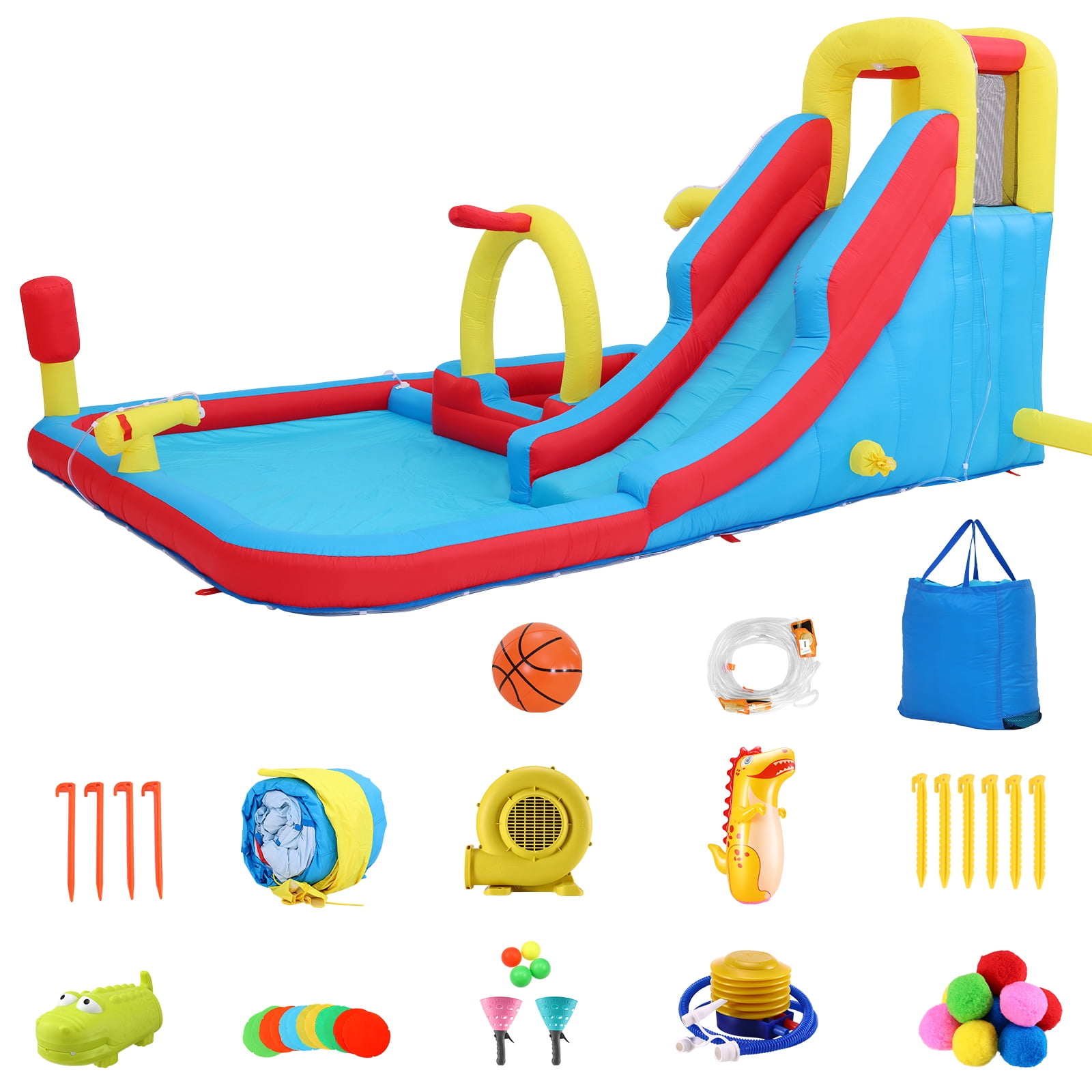 Funcid Giant Inflatable Water Slide Obstacle Course for Kids, 3x10FT, Inflatable Bounce with Long Slide, Deep Pool, Climbing Wall, Boxing Game, Basketball Rim, Water Cannon & Blower