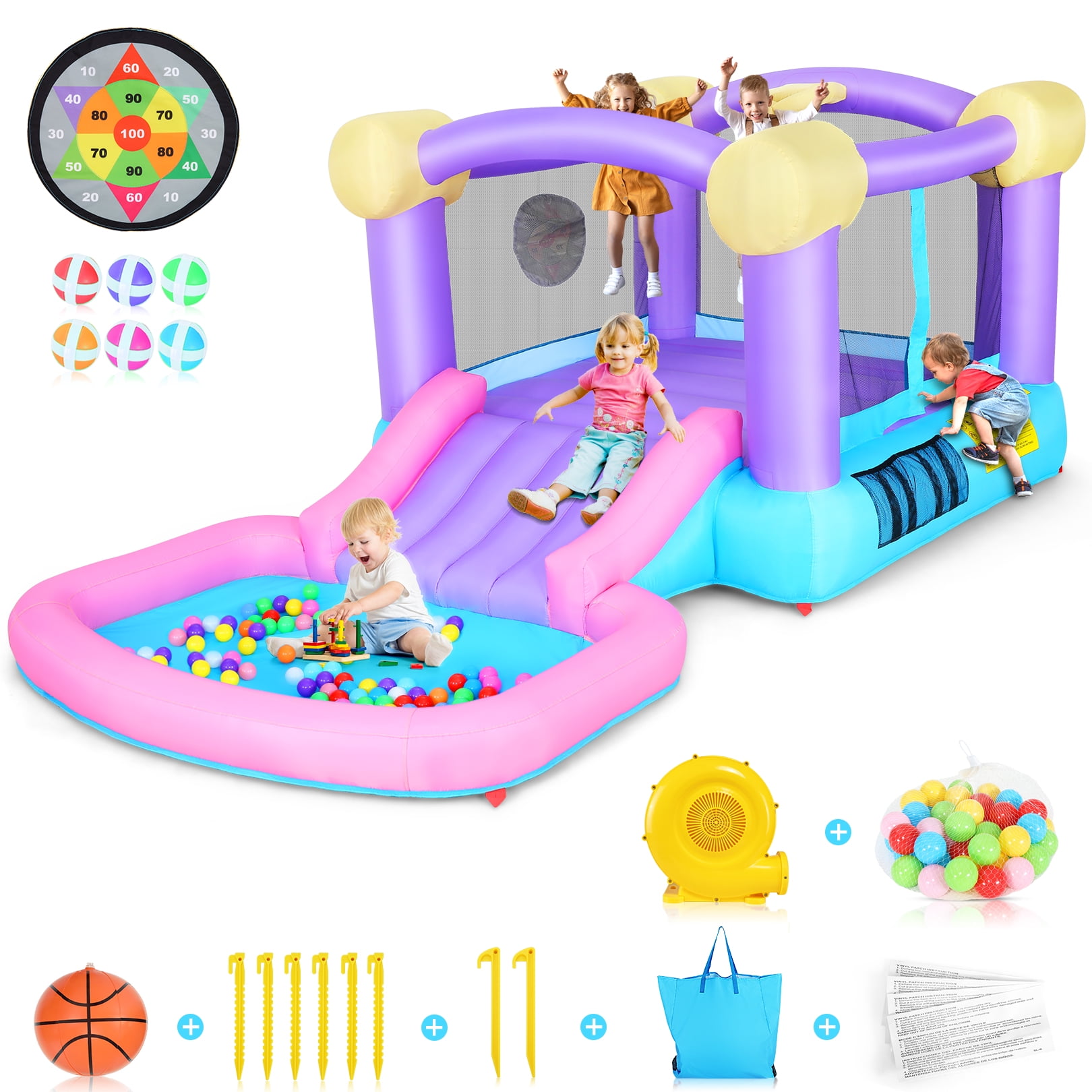 Funcid Inflatable Bounce House with Blower, Children Indoor Outdoor Jumping Castle, Jump and Slide Water Park w/ 50 Ocean Balls, Target Balls, Basketball, Repair Kits & Bag, 161x82x63 In