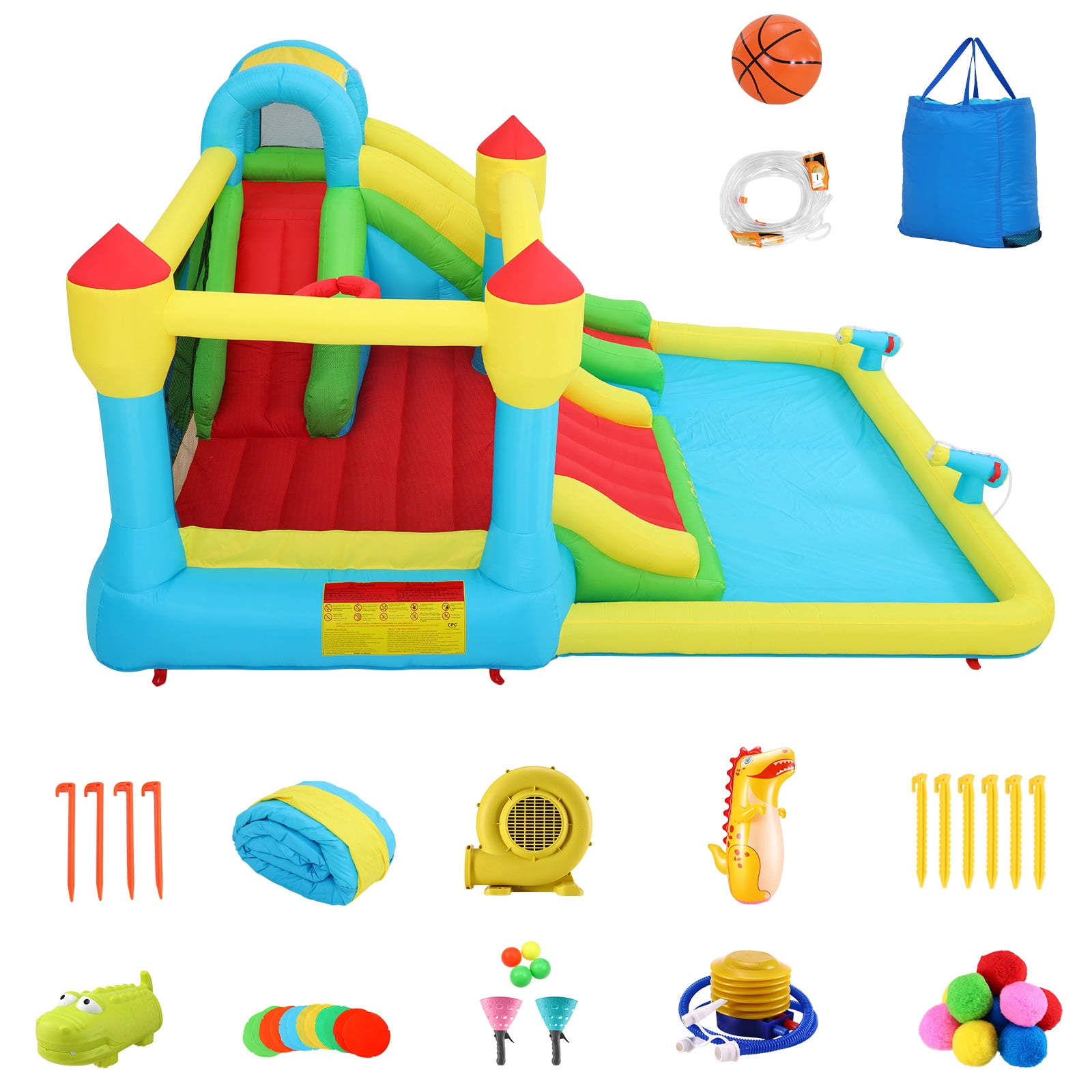 Funcid Inflatable Bounce House with 3 Slide Blower, Pool, Water Cannon, Climbing Wall, Basketball Hoop, Boxing, Wet & Dry, Suit for Indoor Outdoor, 187x133x80 Inch