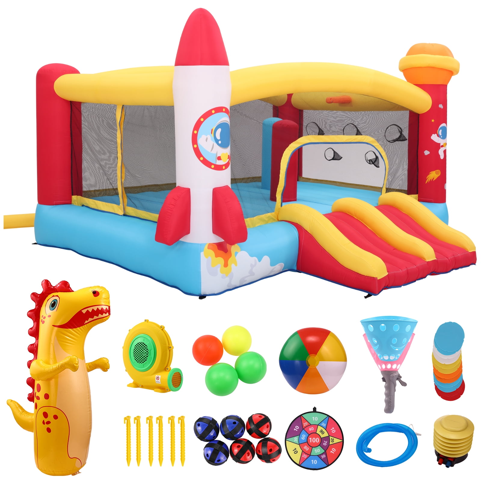 Funcid Inflatable Bounce House Double Slide for Big Kids, 13.1x11.2x7.1ft Inflatable Bounce with 3 Punching Bag Large Space Rocket Blow Up Bouncy Castle Obstacle Course & Blower