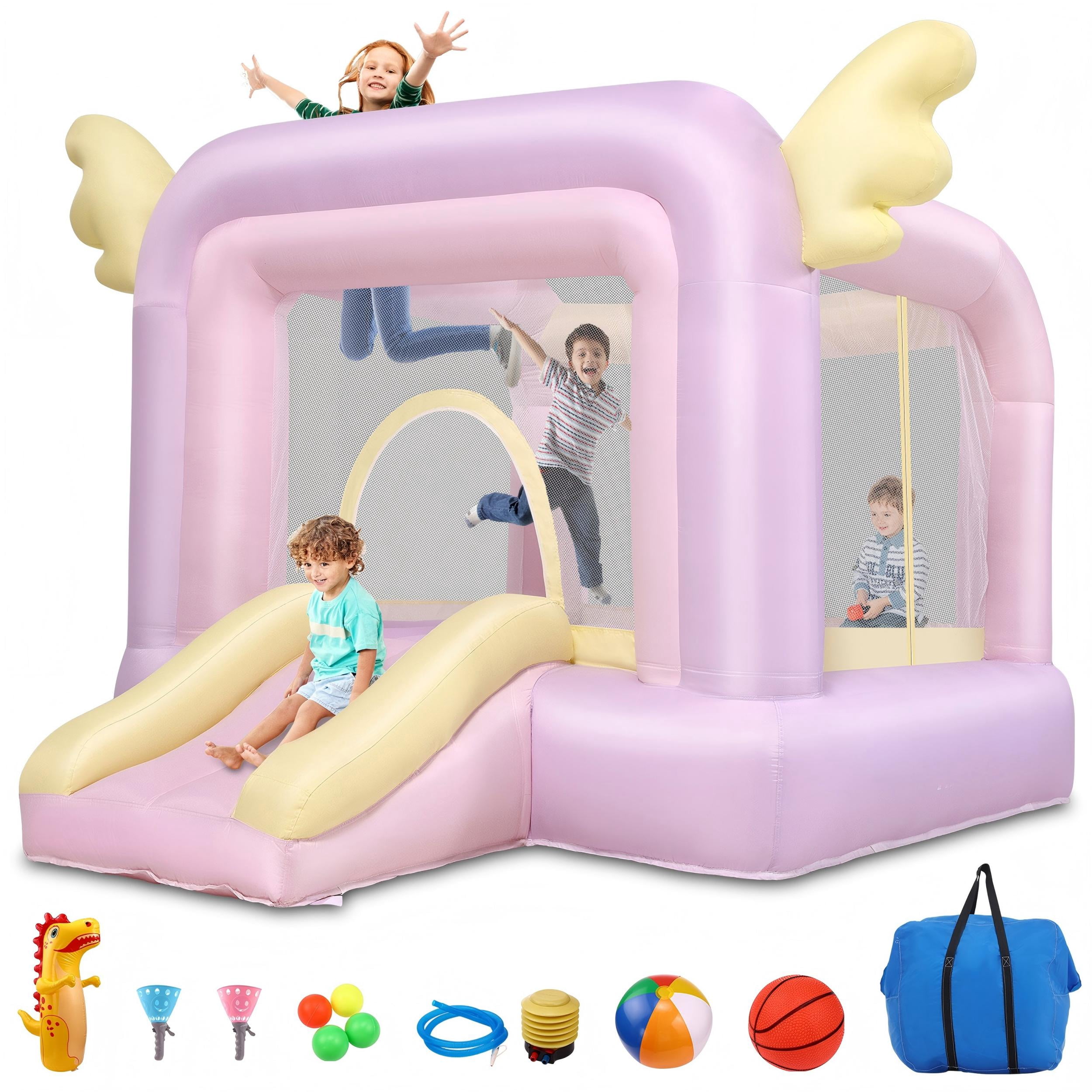 Funcid Inflatable Bounce House for Kids 106"x85"x80" - Macaron Jumping Castle with Slide, Basketball & Complete Party Kit