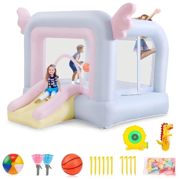 Funcid Inflatable Bounce House for Kids 106"x85"x80" - Macaron Jumping Castle with Slide, Basketball & Complete Party Kit