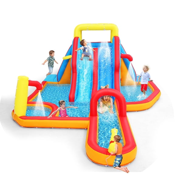 Funcid Inflatable Bounce with Water Slide, 19.3X14Ft Bounce House, Extra Long Side with Splash Pooll, Blow Up Water Slides Inflatables for Kids Backyard, with Blower