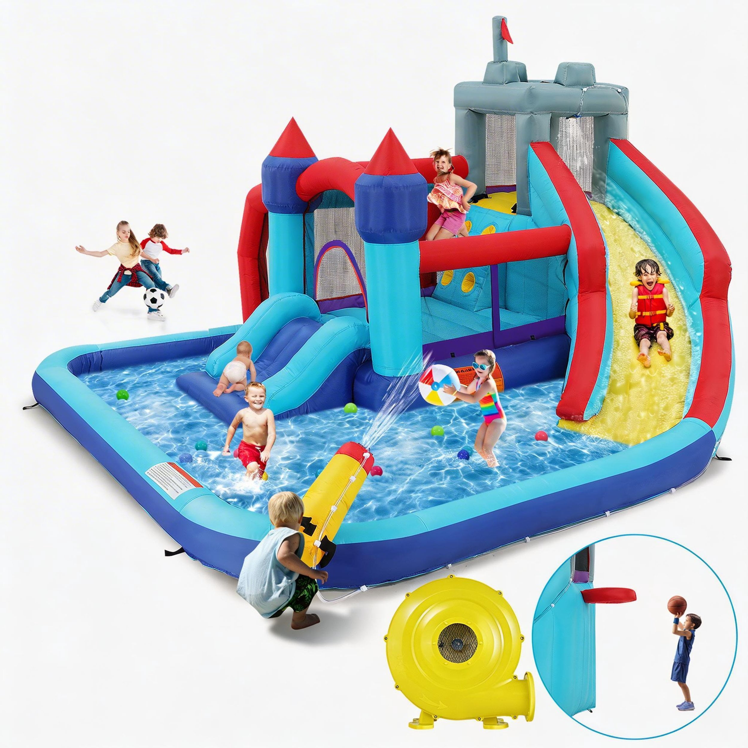 Funcid Inflatable Pool Water Slides, Bounce House Water Park Combo with Double Slides, Jumping Castle with Air Blower for Kids Backyard Outdoor