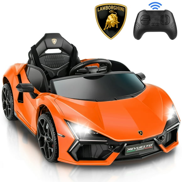 Funcid Kids Electric Ride On 12V Licensed Lamborghini Aventador Battery Powered Sports Car Toy with 3 Speeds Parent Remote Control, Sound System, LED Headlights & Hydraulic Doors, Orange