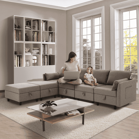Tapoja Modular Sofa and Couch, Modular Sectional Sleeper Couch with Storage, Oversized 6 Seat Convertible U Shaped Sectional Sofa for Home Living Room, Off-White Line