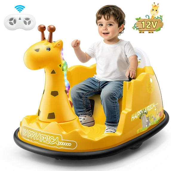 Funcid 12V Electric Giraffe Bumper Car for Toddler, Baby Bumper Car with Remote Control, Kids Ride on Toy for Boys Girls 2+, 360° Spin, LED Lights, Music, Yellow