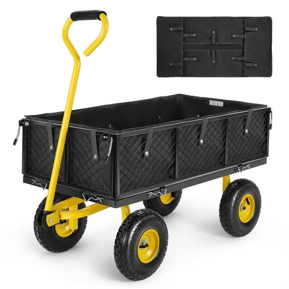 Funcid Steel Garden Cart with Removable Sides, Heavy Duty Yard Cart with Liner, 660 LBS Capacity Wagon, Rotating Handle, 10" Tires Wheels, Perfect for Garden Farm Yard, Yellow