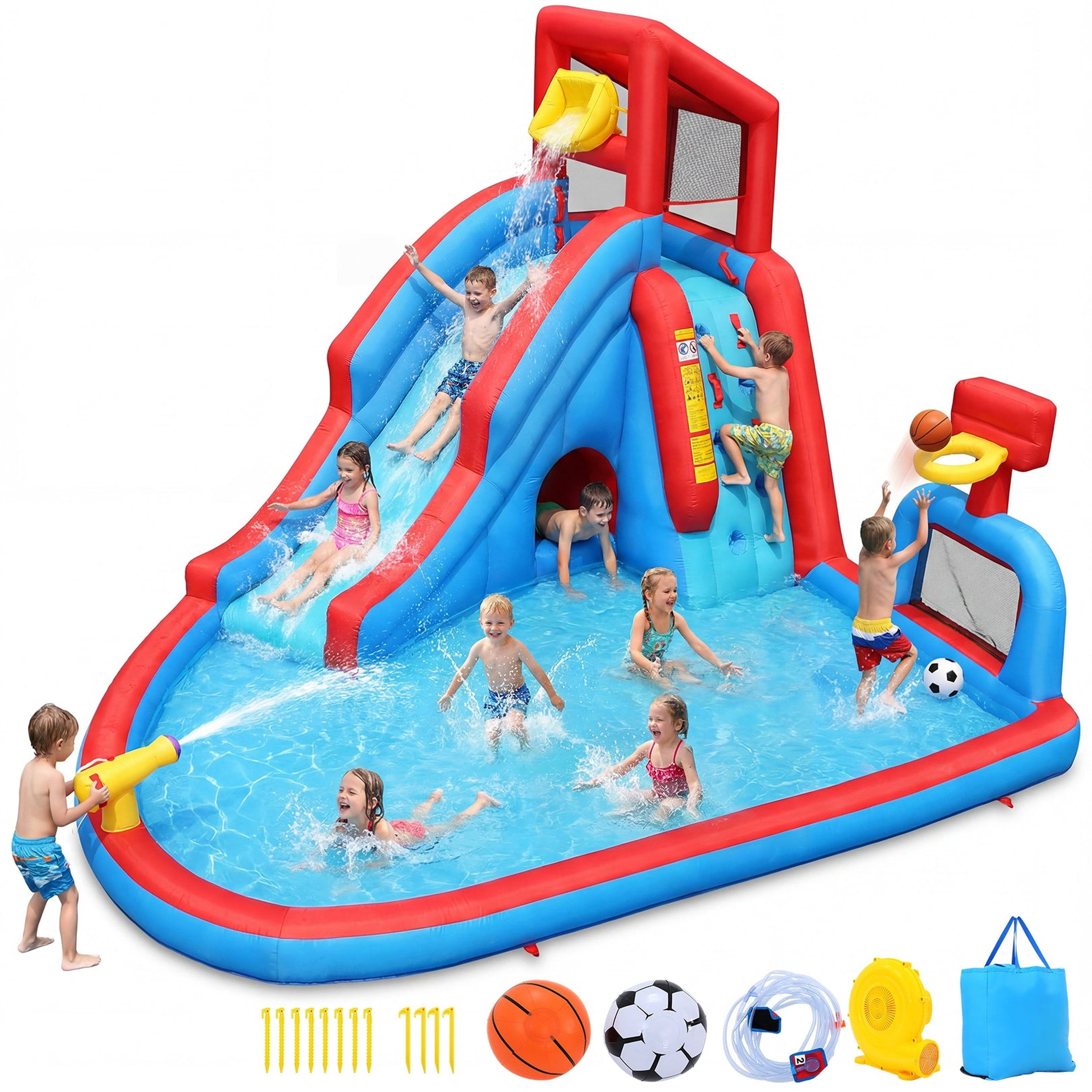 Funcid Water Slide Inflatable Bounce House - Kids Backyard Water Park with Climbing Wall, Long Slide, Pool & Basketball Hoop