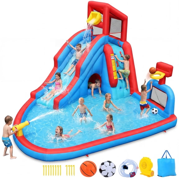 Funcid Water Slide Inflatable Bounce House - Kids Backyard Water Park with Climbing Wall, Long Slide, Pool & Basketball Hoop