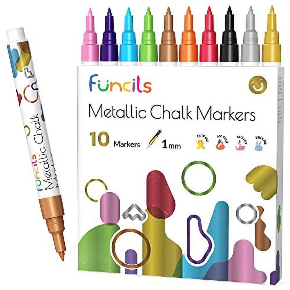 Metallic Liquid Chalk Markers Fine Tip - Dry Erase Marker Pen for  Chalkboard Signs, Windows, Blackboard, Glass - 3mm Reversible Tip (10 Pack)
