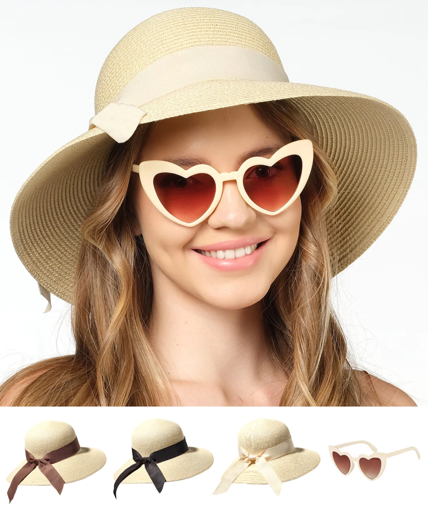 Funcredible Beach Hats for Women Panama Straw Sun Hat with Heart