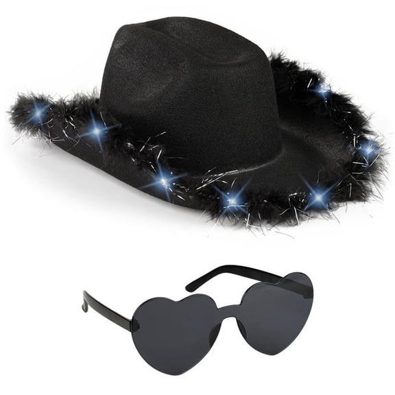 Funcredible Black Cowgirl Hat with Heart Glasses - Black Cowboy Hat with Fur Rim