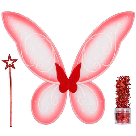 Funcredible Fairy Costume Accessories Set | Fairy Wings, Fairy Wand with Fairy Glitter | Red Tooth Fairy Wings | Halloween Cosplay Party Favors for Adults and Kids
