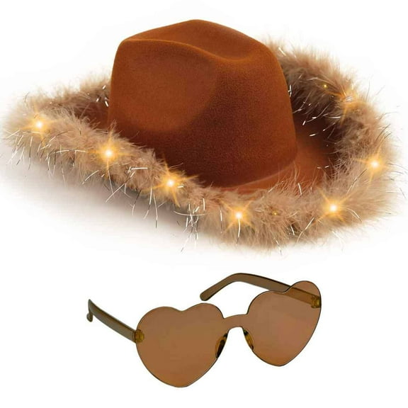 Funcredible Brown_LU_Cowgirl_Hat Funcredible Brown Light Up Cowboy Hat and Glasses - Fluffy Cowgirl Hat - Feather Cowboy Hat for Women - Cowgirl Costume Accessories