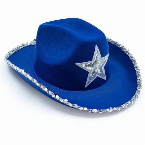 Funcredible Blue_Seqstar_Hat Funcredible Blue Cowgirl Hat Blue Cowboy Hat with Silver Star - Rodeo Outfit for Women Cowgirl Costume Accessory