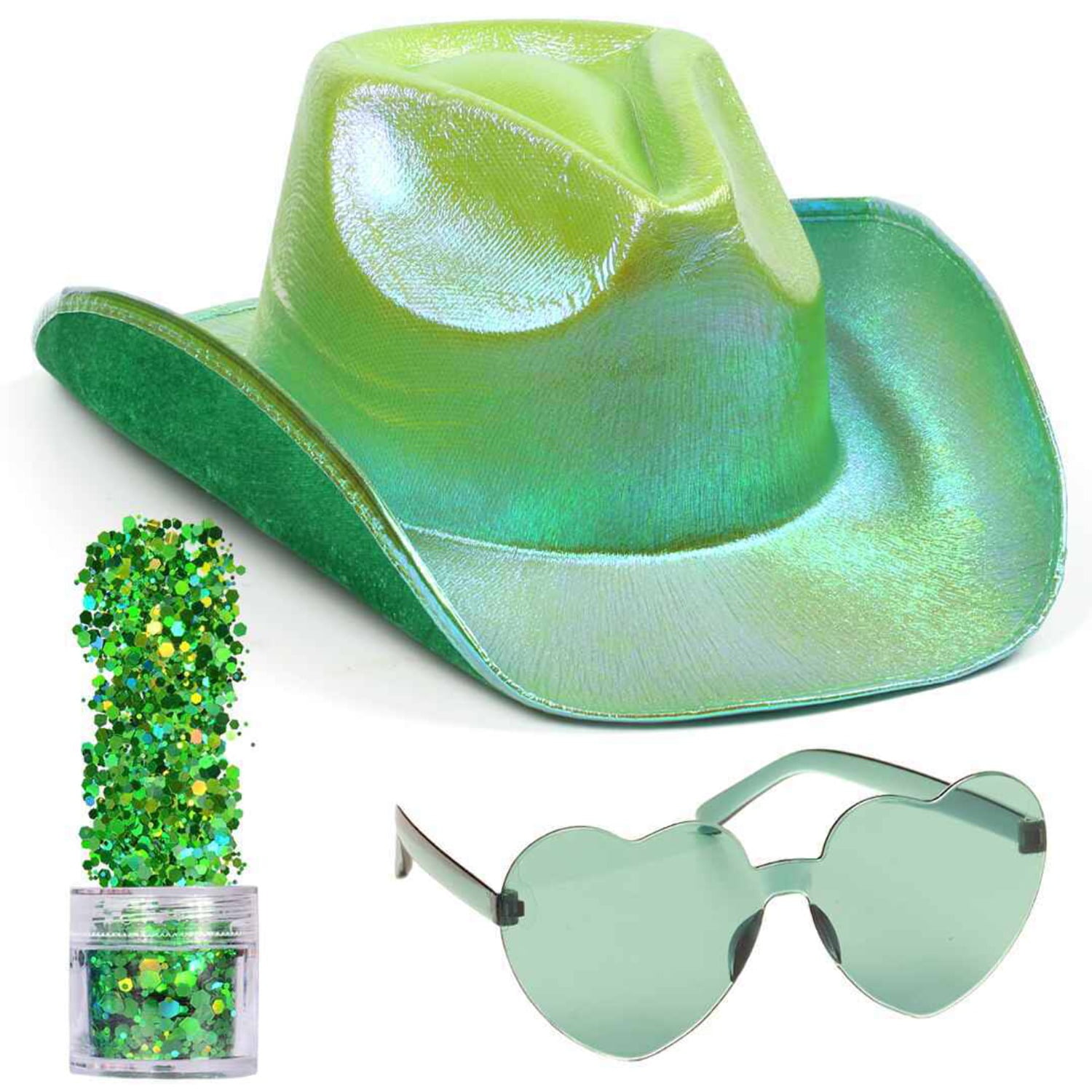 Funcredible Holographic Green Space Cowgirl Hat | Neon Sparkly Cowboy  Hat,Glasses and Glitter Set | Halloween Cow Girl Costume Accessories | Fun  Rodeo