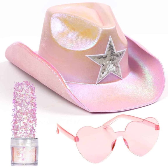 Funcredible Holographic Pink Space Cowgirl Hat | Neon Sparkly Cowboy Hat,Glasses and Glitter Set | Halloween Cow Girl Costume Accessories | Fun Rodeo Party Hats and Goggles for Kids, Girls and Women