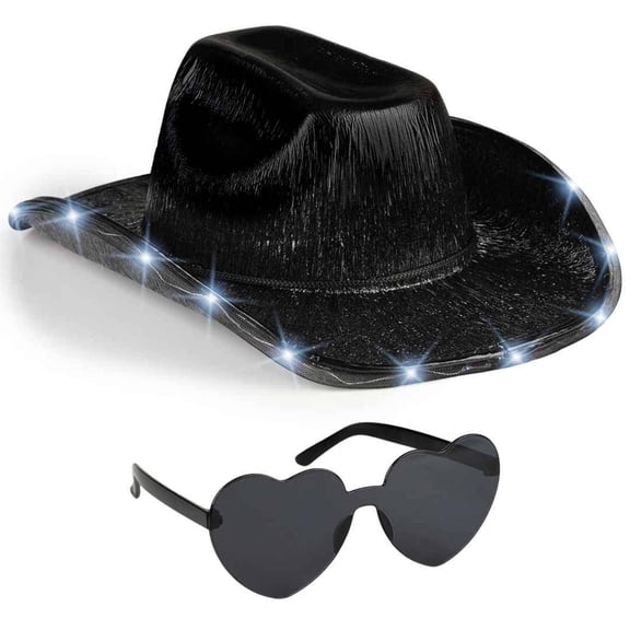 Funcredible Light Up Cowboy Hat for Women | Black Cowgirl Hat with Glasses | Halloween Cow Girl Costume Accessories