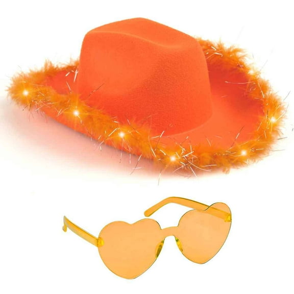 Funcredible Orange Cowgirl Hat with Glasses - Halloween Light Up Cowboy Hat with Feathers