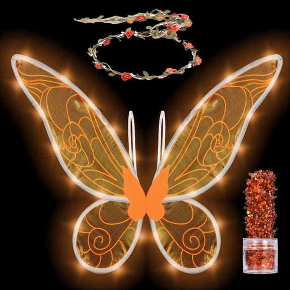 Funcredible Orange Fairy Wings Set with Crown and Glitter - Perfect for Girls, Women and Kids - Halloween Costume Cosplay (Light Up)