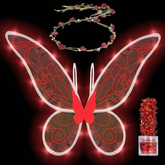 Funcredible Red Fairy Wings Set with Crown and Glitter - Perfect for Girls, Women and Kids - Halloween Costume Cosplay (Light Up)