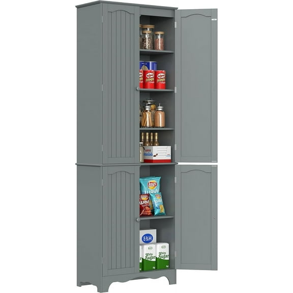 Function Home Tall Pantry Cabinet, Freestanding Storage Cabinet, Wooden Kitchen Pantry with 4 Doors and 5 Shelves, 72" Floor Cabinet Organizer for Kitchen Living Room Bathroom, Grey