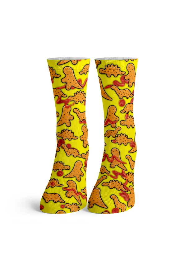 - Kids Cartoon Dinosaur Chicken Nuggets Yellow Pattern Youth Crew Socks Funny Food All Over