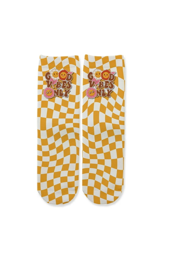 Kids Good Vibes Only Checkered Socks Retro Aesthetic Wavy Checkerboard Crew Socks for Boys & Girls Fun & Trendy Youth Fashion