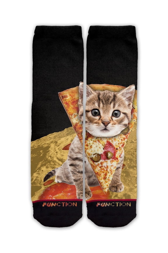 - Pizza Surfing Cat Black Pattern Socks Food Funny Pepperoni Riding
