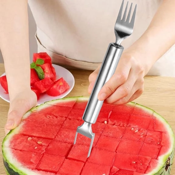 Function Stainless Steel Fruit Cutting Tool - Watermelon with Integrated Fork for Easy Serving | Compact Kitchen Gadget for Home and Outdoor Events