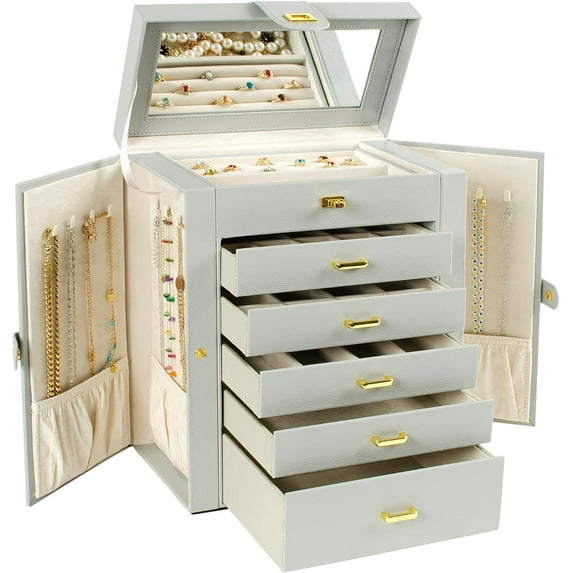 Functional 6-Tier Jewelry Box Organizer with 5 Drawers Leather Jewelry Storage Case for Women Girls Ring Necklace Earring Bracelet Holder Organizer with Mirror Grey