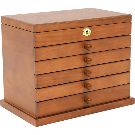 Functional 6-Tier Jewelry Box Organizer with 5 Drawers and mirror, Wood Jewelry Storage Case, Suitable for Women, Girls, Ring, Necklace, Earring and Bracelet Holder Organizer (6 Tier)