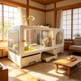thumbnail image 1 of Functional Cat Cabinet, Hidden Litter Box Enclosure & Steps, Cat House with Pom-pom Toys for Fun, Washroom Cabinet with Litter Leak Walkway & Glass Doors, 1 of 6