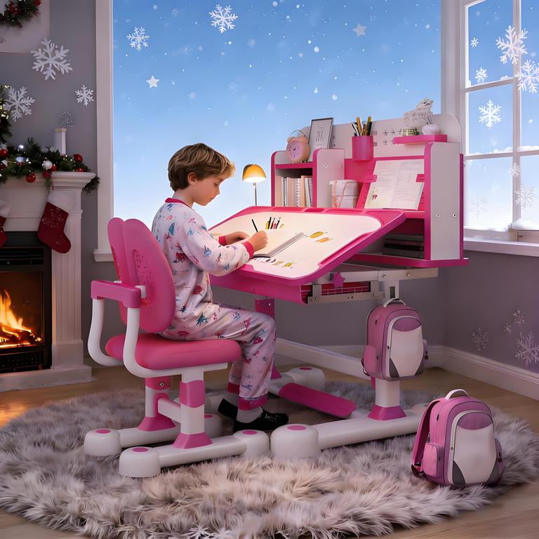 Functional Desk and Chair Set, Ergonomic Height Adjustable Children School Study Desk with Tilt Desktop, Book Stand, Bookshelf, Metal Hook and Storage Drawer for Boys Girls 3-12 Years Old (Pink #2)